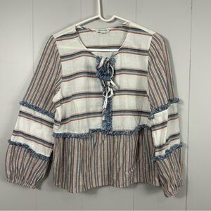 American Eagle AE Peasant Hippie Striped Blouse Linen Blend Medium Boho Fringe